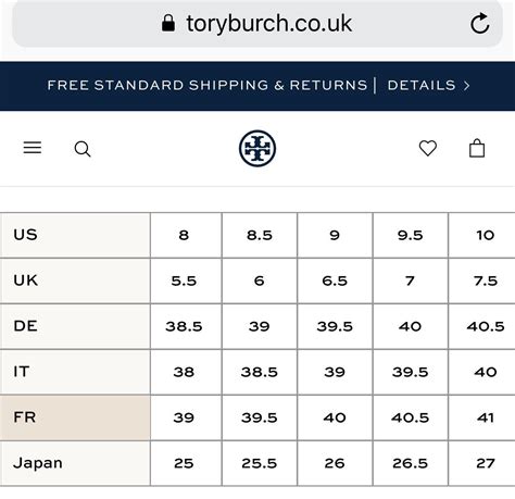 Tory Burch size chart womens .